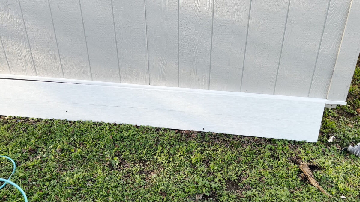 Backyard shed skirting made from PVC boards -- before installation