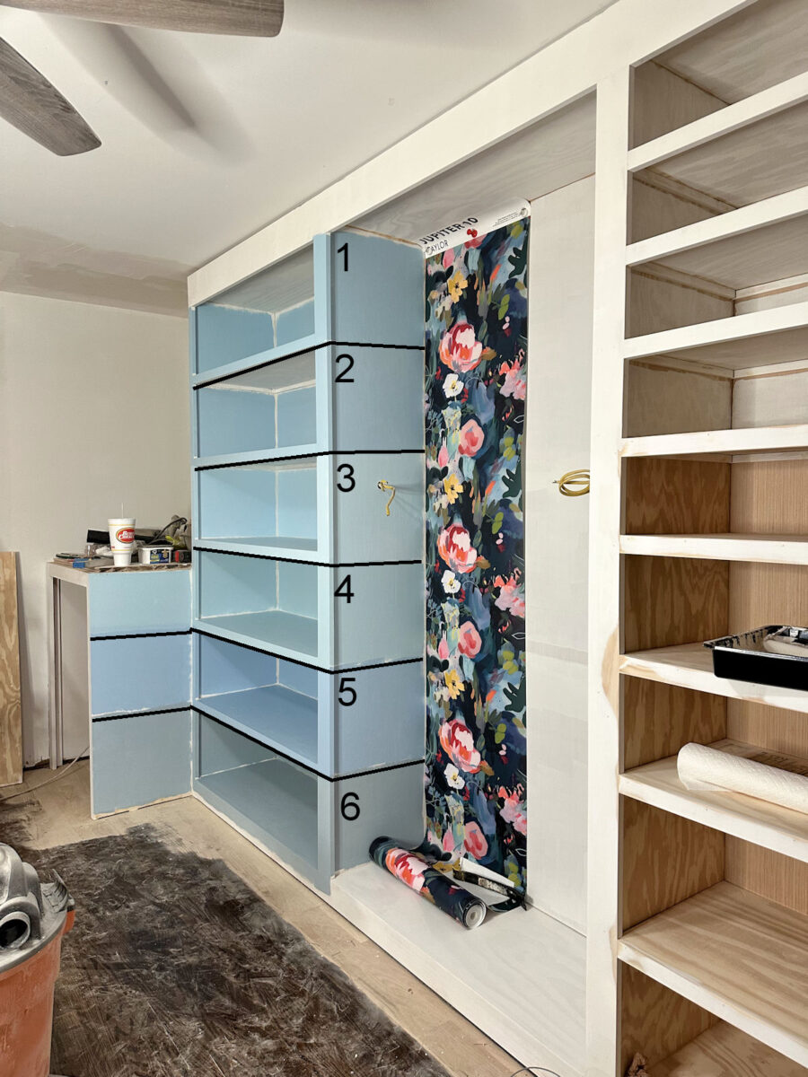Blue walk-in closet paint color options: Behr Drip, PPG Paints Sonata, Behr Air Blue, PPG Paints Midsummer's Dream, PPG Paints Blue Bows, Sherwin Williams Matt on Monday