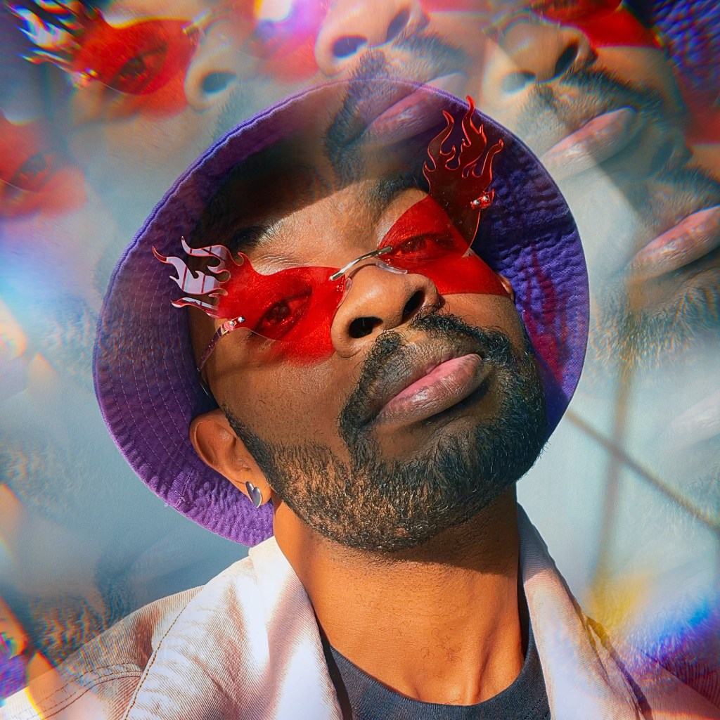 A vibrant image featuring overlapping abstract visuals of colorful eyes and facial features, combined with a person wearing a purple bucket hat and a light jacket.